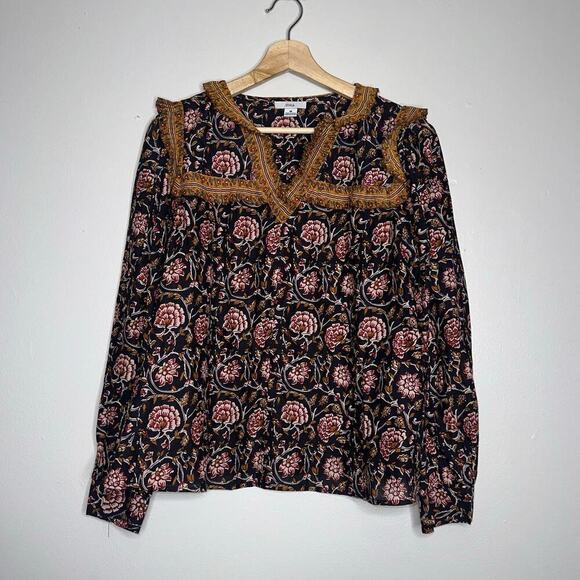 Anthropologie Othilia Sera Ruffled Blouse Black Floral Boho Fall Top Medium - Picture 2 of 8